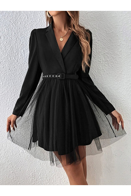 EQURİ Kadın Uzun Kollu Yakalı Belinde Kemer Detaylı Mini Tüllü Ithal Krep Elbise