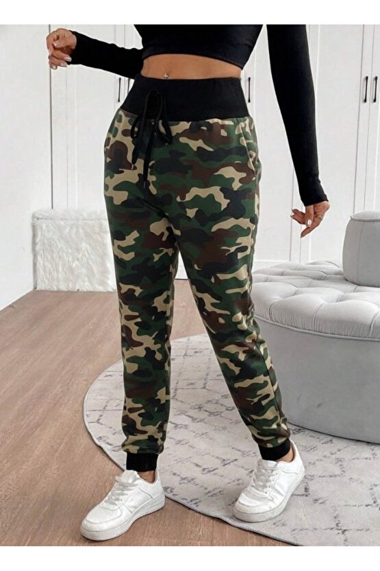 EQURİ Kadın Yüksek Bel Bağcıklı Desenli Iki Iplik Pantolon