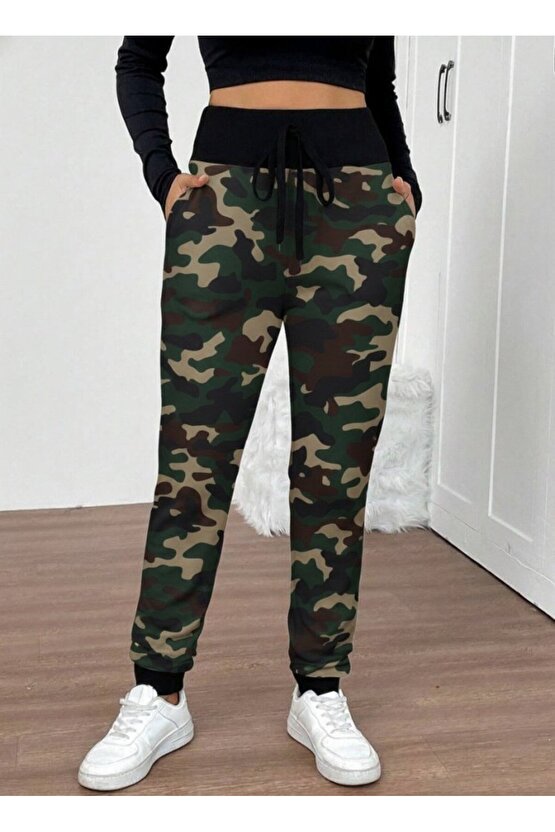 EQURİ Kadın Yüksek Bel Bağcıklı Desenli Iki Iplik Pantolon