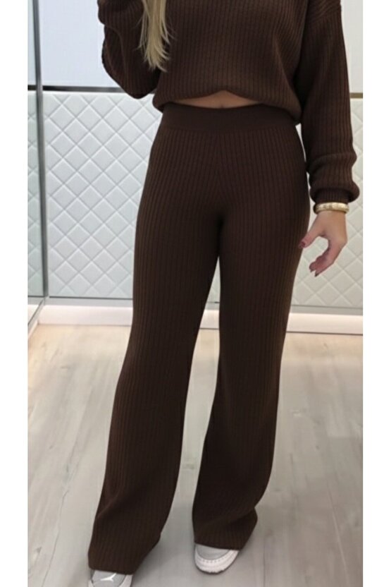 Turega Style Kadın Uzun Kollu Balıkçı Yaka Kısa Triko Bluz Ve Pantolon Ikili Takım