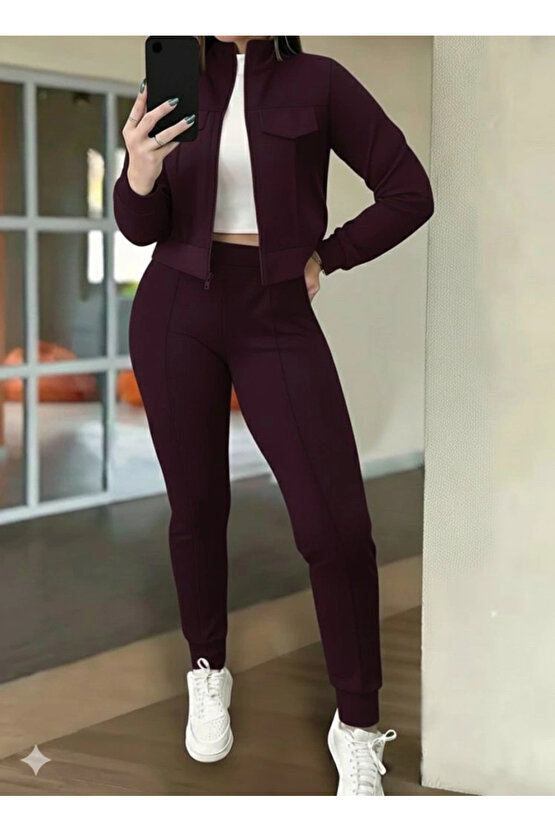 Kadın Uzun Kollu önden Fermuarlı Kısa Modal Mor Ceket Ve Pantolon Ikili Takım