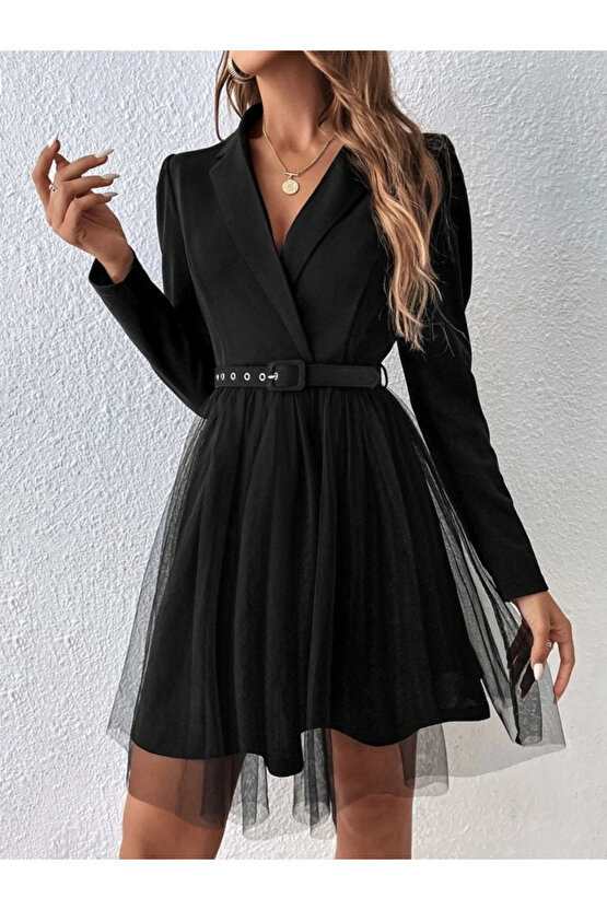 EQURİ Kadın Uzun Kollu Yakalı Belinde Kemer Detaylı Mini Tüllü Ithal Krep Elbise