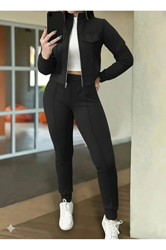 Kadın Uzun Kollu önden Fermuarlı Kısa Modal Ceket Ve Pantolon Ikili Takım