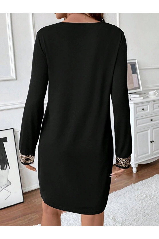 Kadın Uzun Kollu V Yakalı Pulpayet Detaylı Mini Ithal Krep Elbise