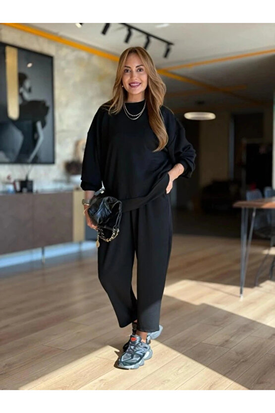 Kadın Uzun Kollu Bisiklet Yaka Viskon Iki Iplik Bluz Ve Pantolon Ikili Takım