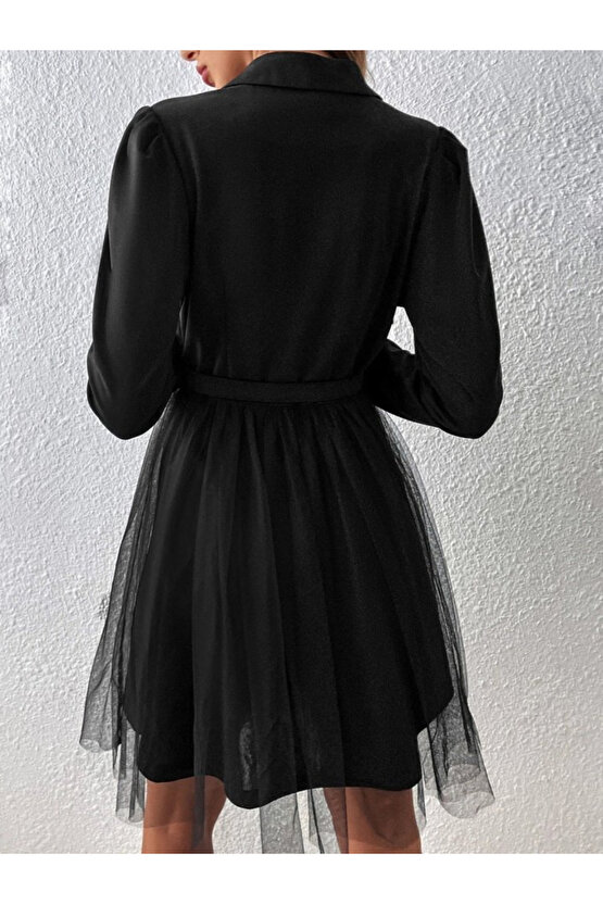 EQURİ Kadın Uzun Kollu Yakalı Belinde Kemer Detaylı Mini Tüllü Ithal Krep Elbise