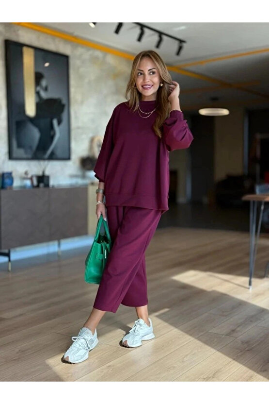 Kadın Uzun Kollu Bisiklet Yaka Viskon Iki Iplik Mor Bluz Ve Pantolon Ikili Takım