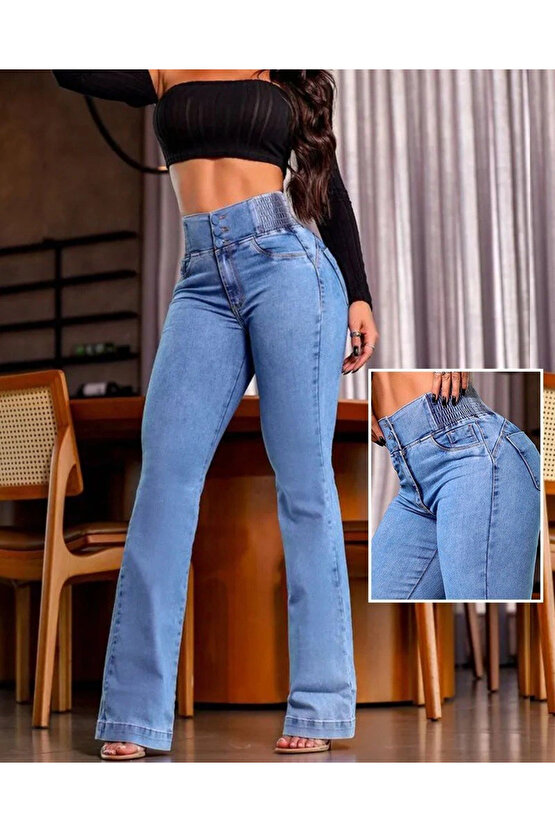 Kadın Yüksek Bel Yanları Lastik önü Düğmeli Kot Pantolon