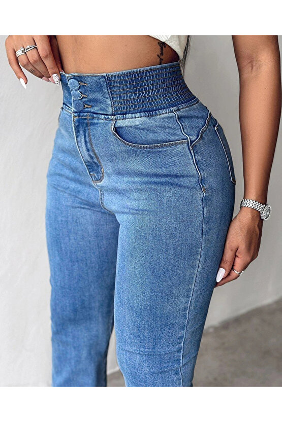 Kadın Yüksek Bel Yanları Lastik önü Düğmeli Kot Pantolon