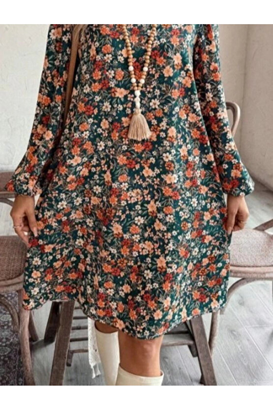 Kadın Uzun Kollu V Yakalı Desenli Modal Mini Elbise