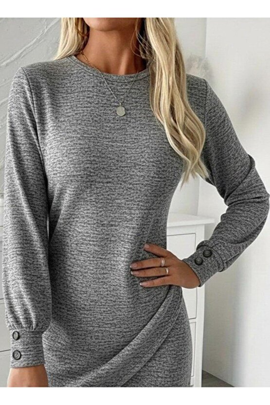 Kadın Uzun Kollu Bisiklet Yaka önden Asimetrik Kesim Detaylı Mini Yumoş Elbise