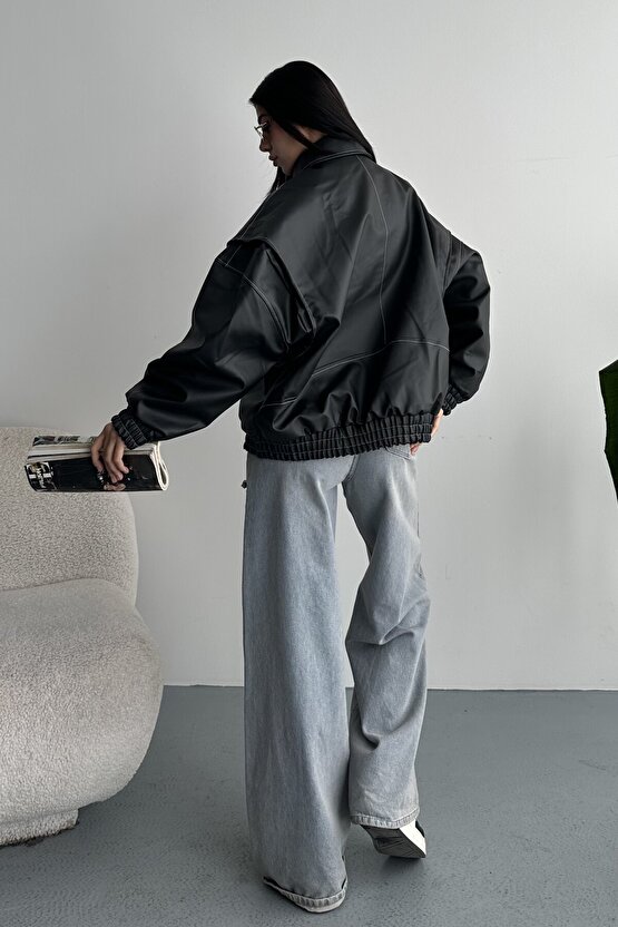 Kadın Vintage Oversize Siyah Deri Ceket - Bomber Kontrast Detaylı Biker Mont