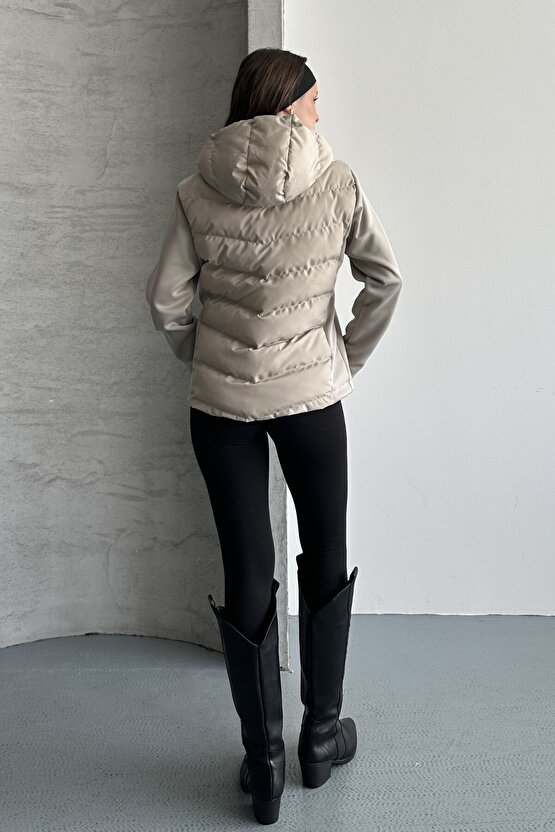 Kadın Kapüşonlu Şişme Mont - Kışlık Slim Fit Rüzgar Geçirmez Fermuarlı Bej Kadın Ceket