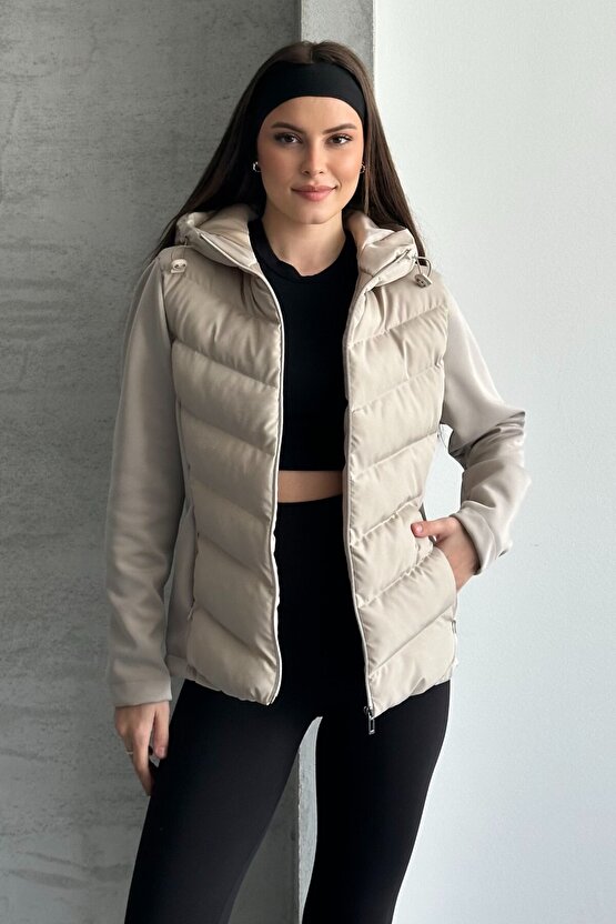 Kadın Kapüşonlu Şişme Mont - Kışlık Slim Fit Rüzgar Geçirmez Fermuarlı Bej Kadın Ceket
