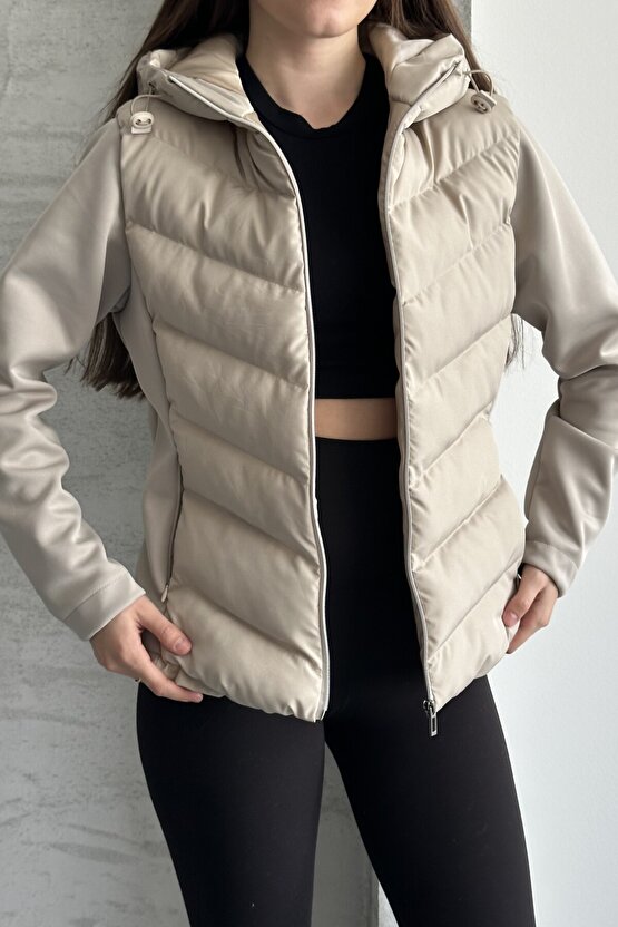 Kadın Kapüşonlu Şişme Mont - Kışlık Slim Fit Rüzgar Geçirmez Fermuarlı Bej Kadın Ceket