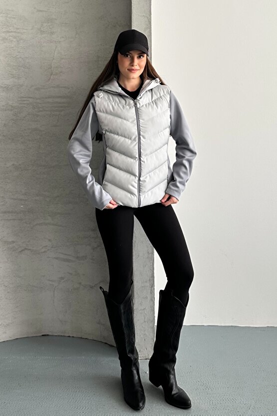 Kadın Kapüşonlu Şişme Mont - Su Geçirmez Basic Günlük Kontrast Gri Ceket