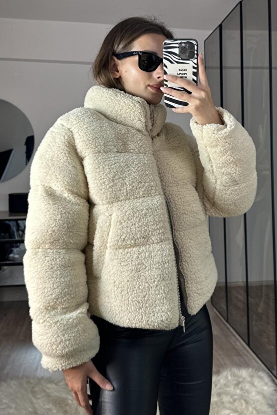 Kadın Oversize Peluş Kürk Mont Ekru - Teddy Şişme Sherpa Kaban