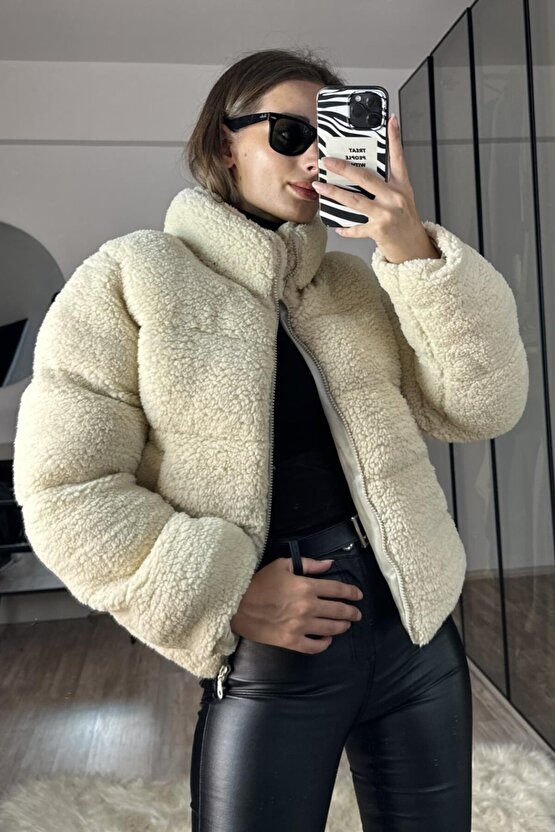 Kadın Oversize Peluş Kürk Mont Ekru - Teddy Şişme Sherpa Kaban