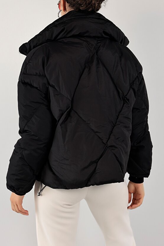 Kadın Siyah Şişme Mont Yüksek Yaka - Oversize Kalın Dolgulu Kışlık