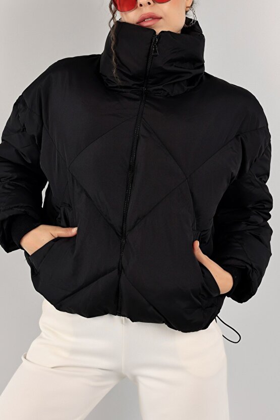 Kadın Siyah Şişme Mont Yüksek Yaka - Oversize Kalın Dolgulu Kışlık