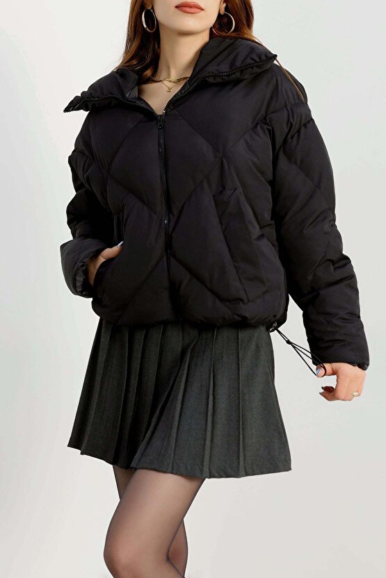 Kadın Oversize Siyah Şişme Mont | Dolgulu Su Geçirmez Puffer Ceket Kışlık