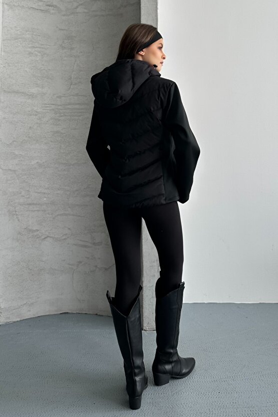 Kadın Siyah Kapüşonlu Termal Şişme Mont - ZR Range Rover Mom Kontrast Ceket