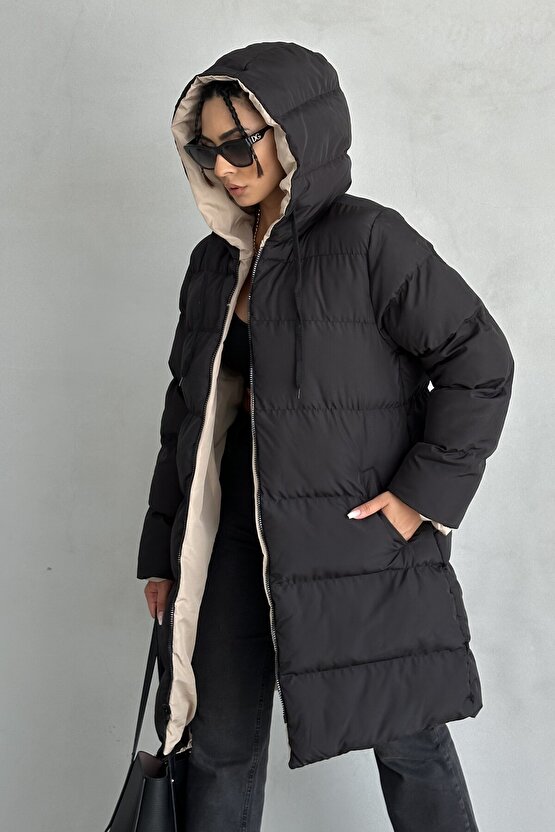 Kadın Çift Taraflı Giyilebilir Kapüşonlu Oversize Şişme Mont – Su Geçirmez, Kışlık