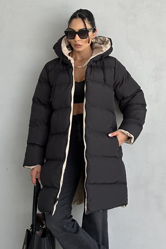 Kadın Çift Taraflı Giyilebilir Kapüşonlu Oversize Şişme Mont – Su Geçirmez, Kışlık