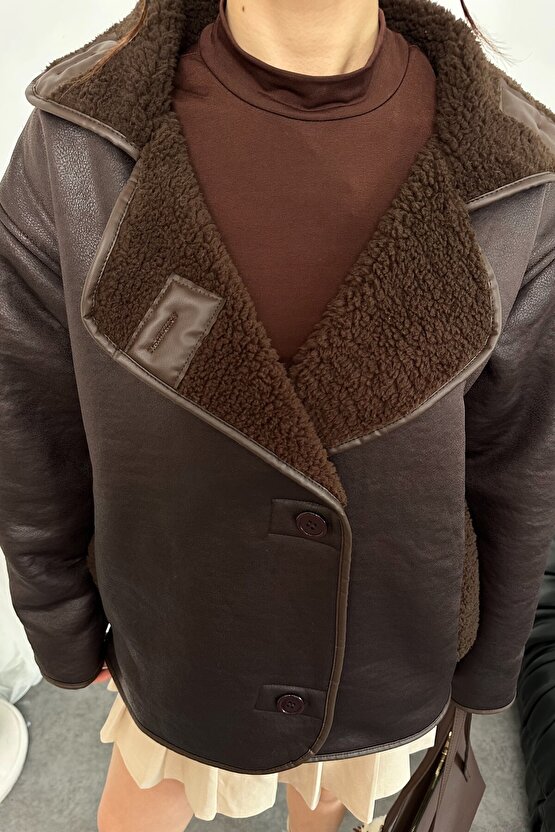 Kadın İçi Peluş Kürklü Oversize Suni Deri Mont - Else Lamine Süet Ceket