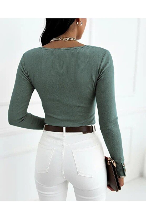 Kadın Uzun Kollu Yakadan Açık Ve Düğme Detaylı Kaşkorse çağla Yeşili Bluz