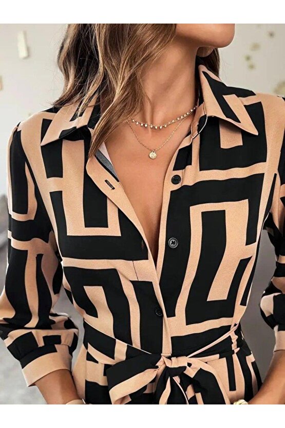 Kadın Uzun Kollu Yakalı önden Düğmeli Uzun Süprem Elbise