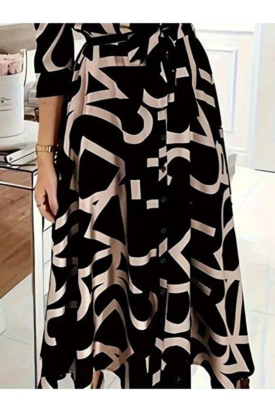 Kadın Uzun Kollu Yakalı önden Düğmeli Uzun Süprem Elbise