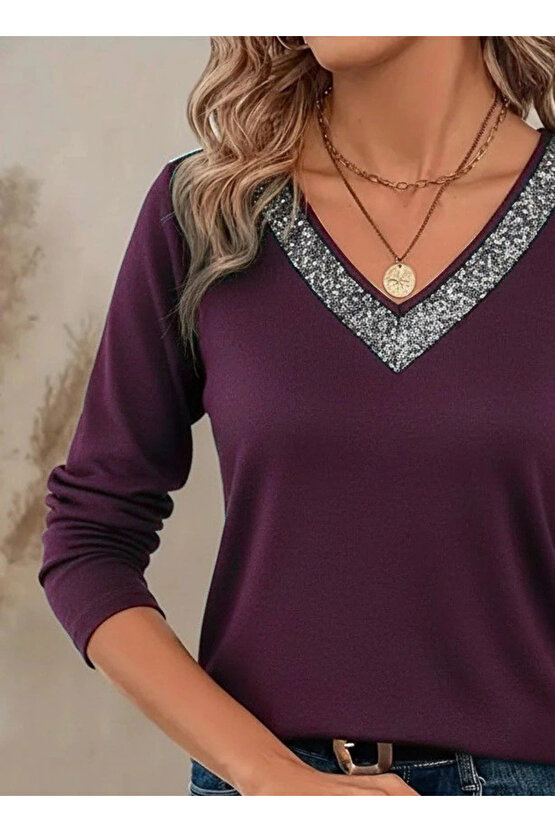 Kadın Uzun Kollu V Yakalı Viskon Mürdüm Bluz