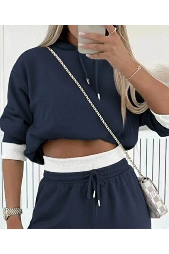 MDB Kadın Uzun Kollu Kapşonlu Viskon Iki Iplik Füme Bluz Ve Pantolon Ikili Takım