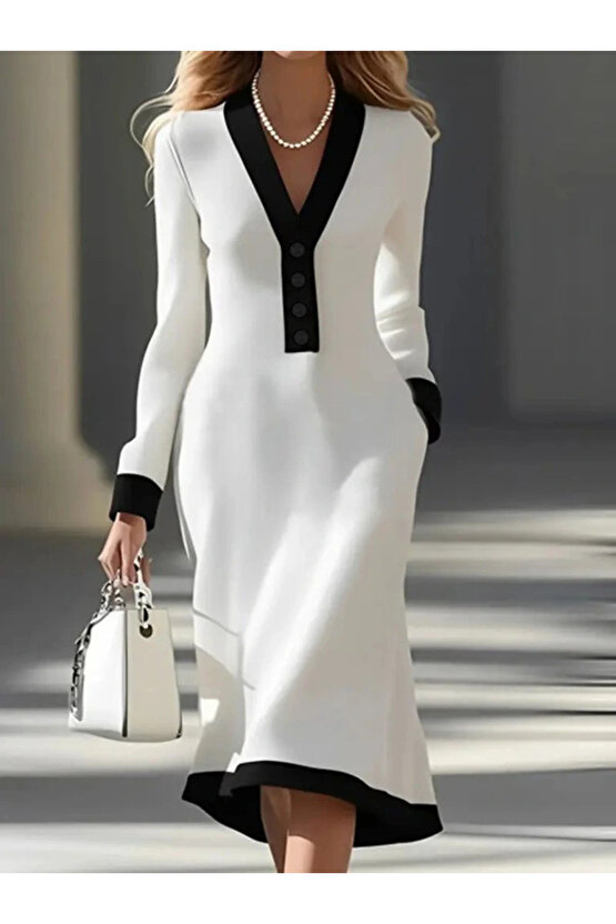 Kadın Uzun Kollu V Yakalı Düğmeli Midi Modal Elbise