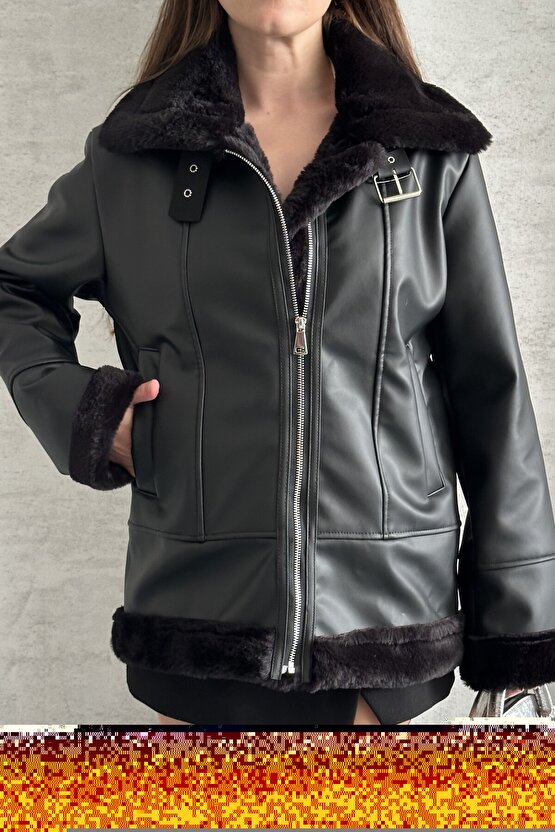 Kadın Suni Deri Siyah Kürklü Mont – Peluş İç Astarlı Deri Ceket
