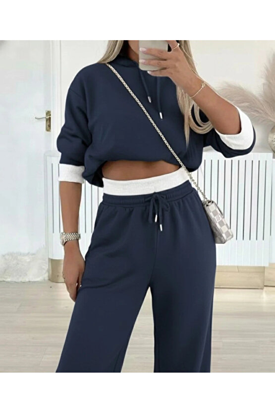 MDB Kadın Uzun Kollu Kapşonlu Viskon Iki Iplik Füme Bluz Ve Pantolon Ikili Takım