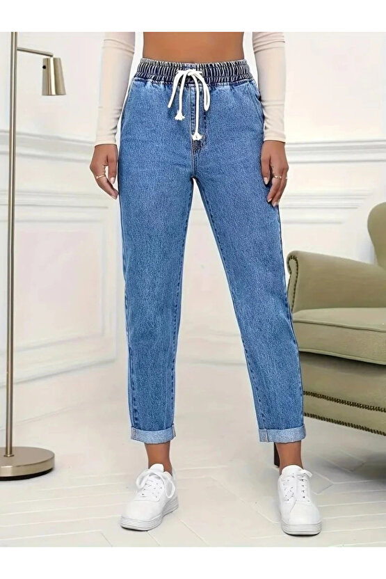 Kadın Yüksek Bel Bağcıklı Kot Pantolon