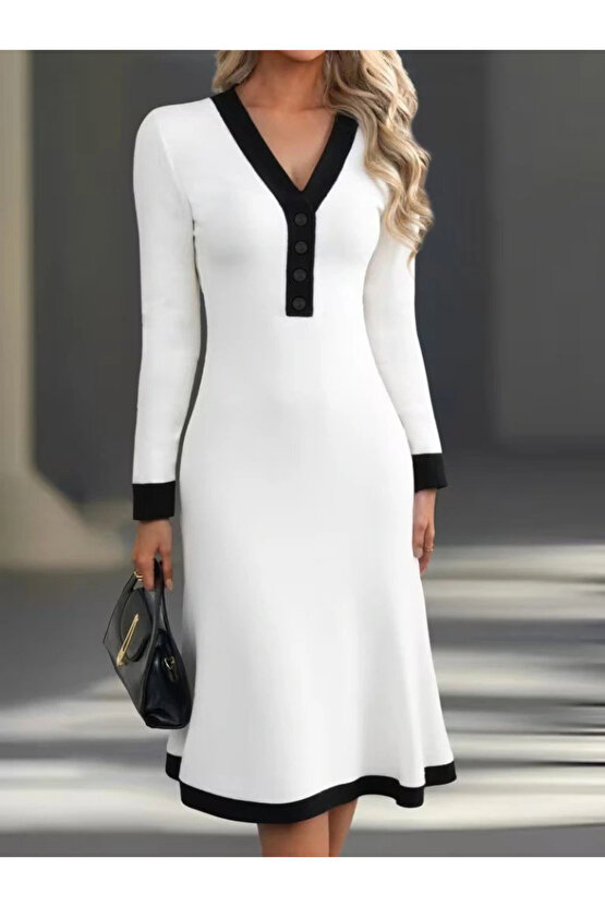 Kadın Uzun Kollu V Yakalı Düğmeli Midi Modal Elbise