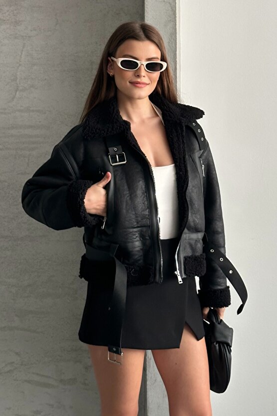 Kadın İçi Kürk Detaylı Kemerli Deri Mont - Kışlık Biker Peluş Astarlı Deri Ceket