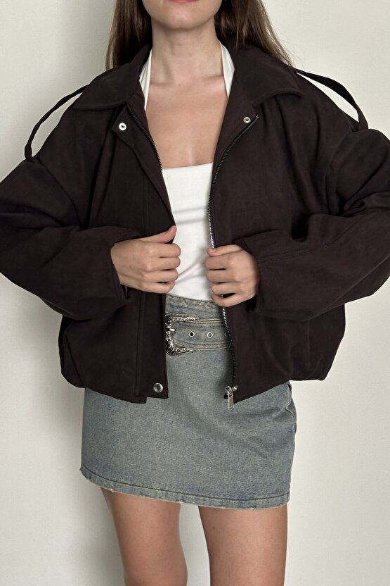 Kadın Oversize Süet Kahverengi Bomber Ceket - Yeni Sezon Günlük Şık Mont