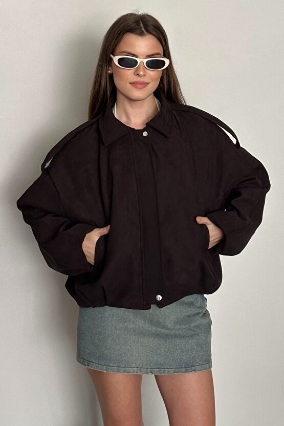 Kadın Oversize Süet Kahverengi Bomber Ceket - Yeni Sezon Günlük Şık Mont