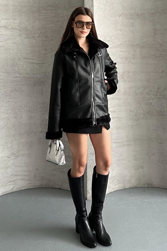Kadın Siyah İçi İpek Kürklü Oversize Suni Deri Mont - Biker Shearling Ceket