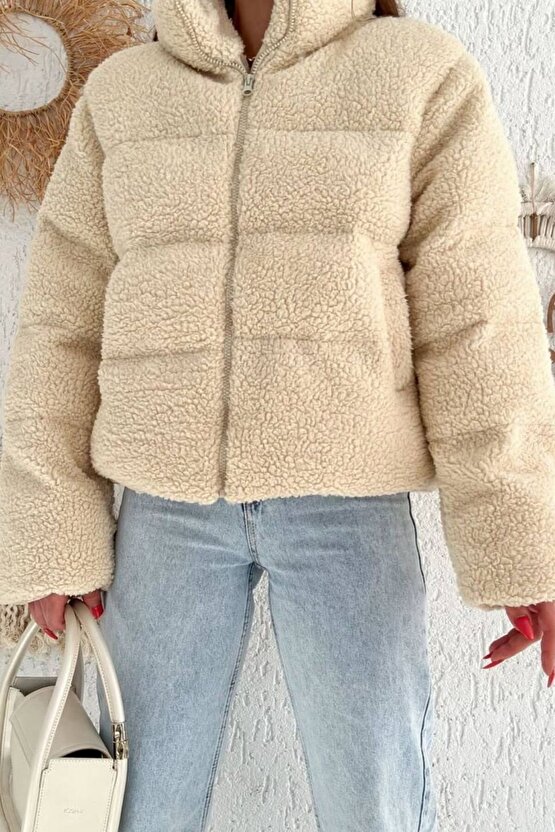 Kadın Oversize Peluş Kadın Mont – Teddy Polar Bej Şişme Mont - Kışlık Yumuşak Teddy Bear Ceket