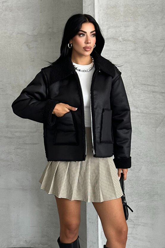 Kadın Suni Deri Mont – İçi Peluş Astarlı, Kışlık, Çift Cepli, Siyah Biker Oversize Ceket