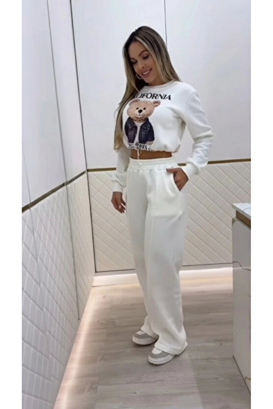 Kadın Uzun Kollu Bisiklet Yaka Desenli Iki Iplik şardonlu Bluz Ve Pantolon Ikili Takım