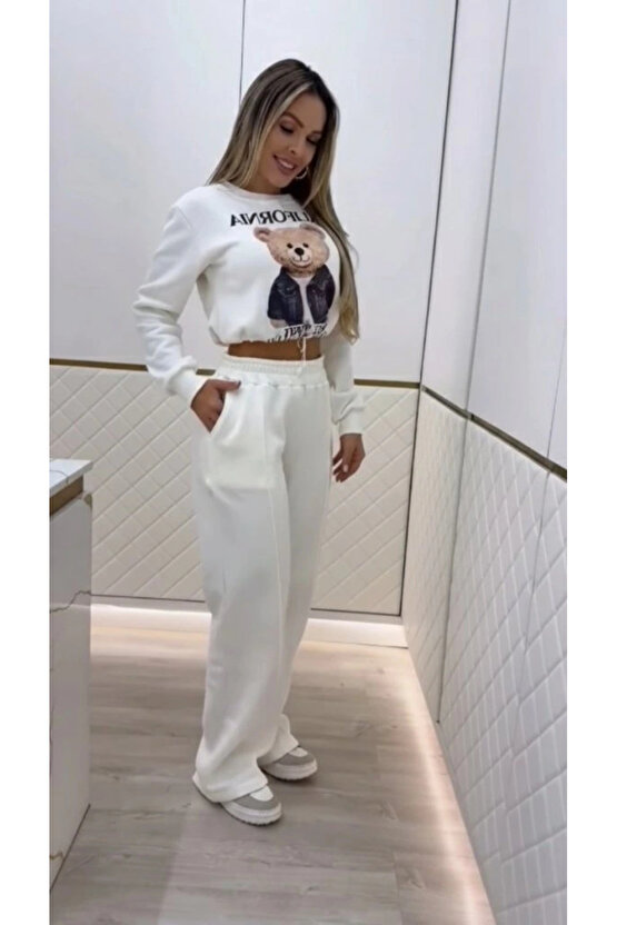 Kadın Uzun Kollu Bisiklet Yaka Desenli Iki Iplik şardonlu Bluz Ve Pantolon Ikili Takım