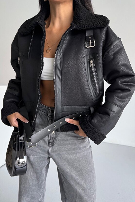 Kadın Kürk Astarlı Siyah Suni Deri Mont - Kışlık Oversize İçi Peluş Biker Ceket