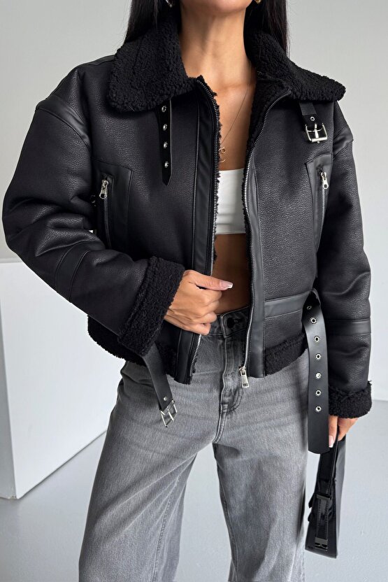 Kadın Kürk Astarlı Siyah Suni Deri Mont - Kışlık Oversize İçi Peluş Biker Ceket