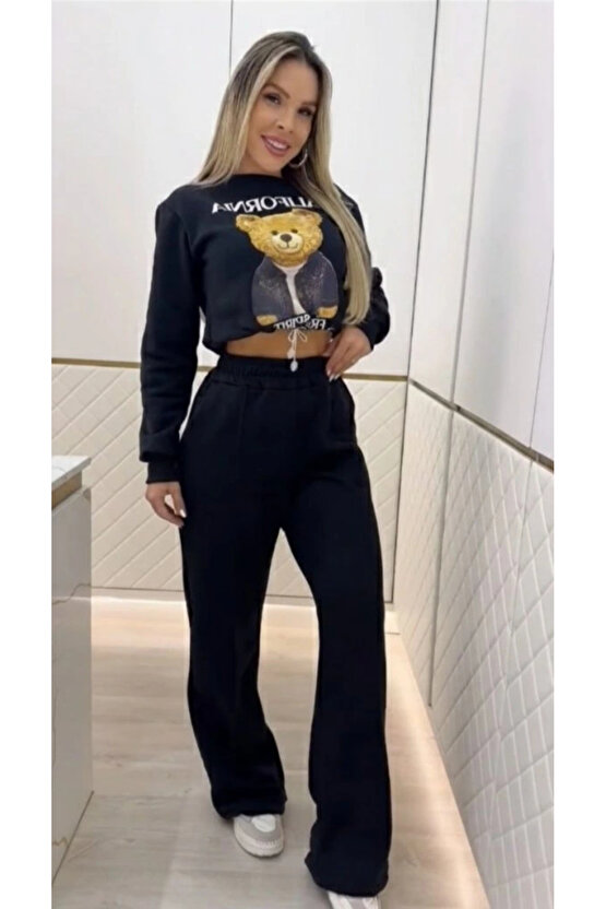 Kadın Uzun Kollu Bisiklet Yaka Desenli Iki Iplik şardonlu Bluz Ve Pantolon Ikili Takım